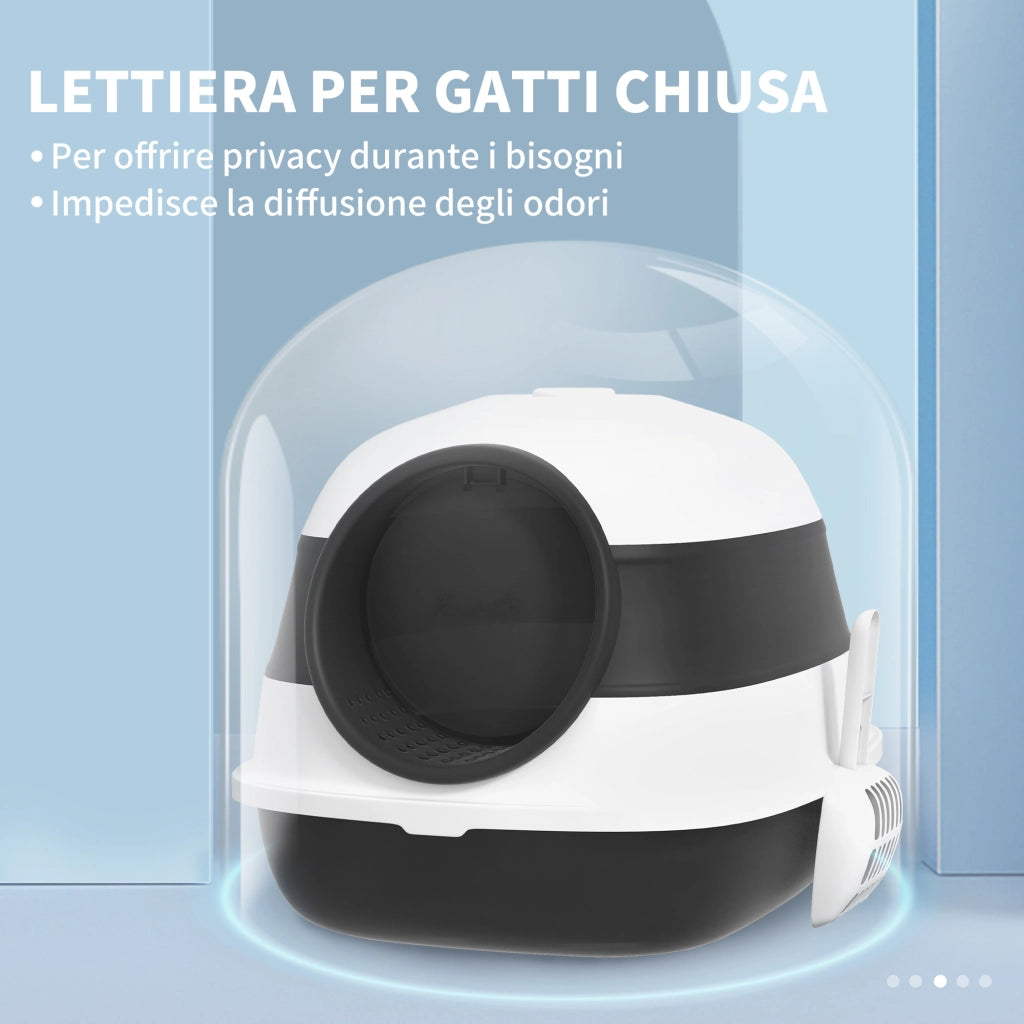 Lettiera per Gatti Chiusa con Coperchio, Paletta e Deodorante, Design Pieghevole, 52x41x38 cm, Bianca e Nera