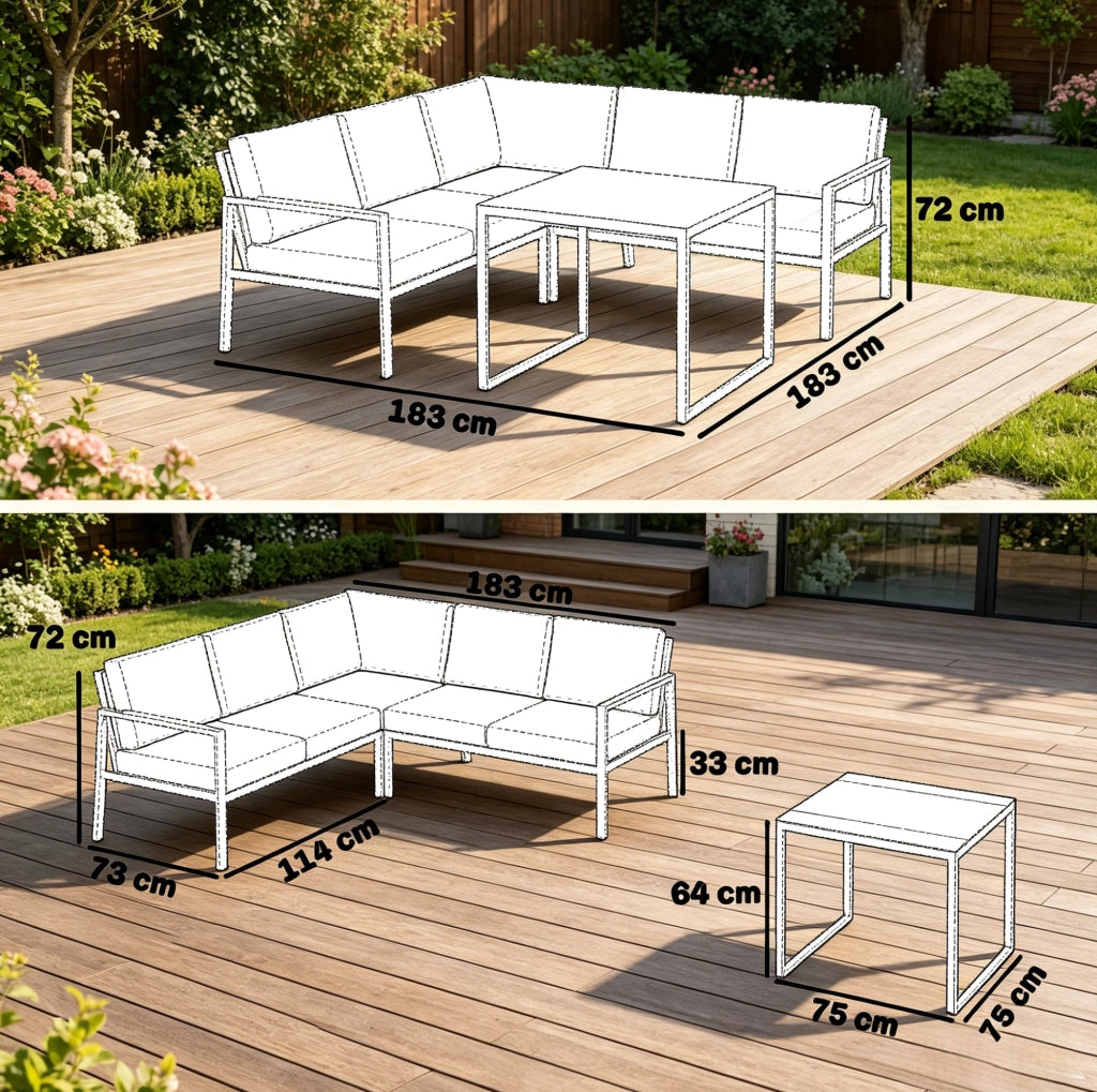 Set salotto da giardino angolare a L 5 posti con tavolino 183x183 cm; grigio scuro