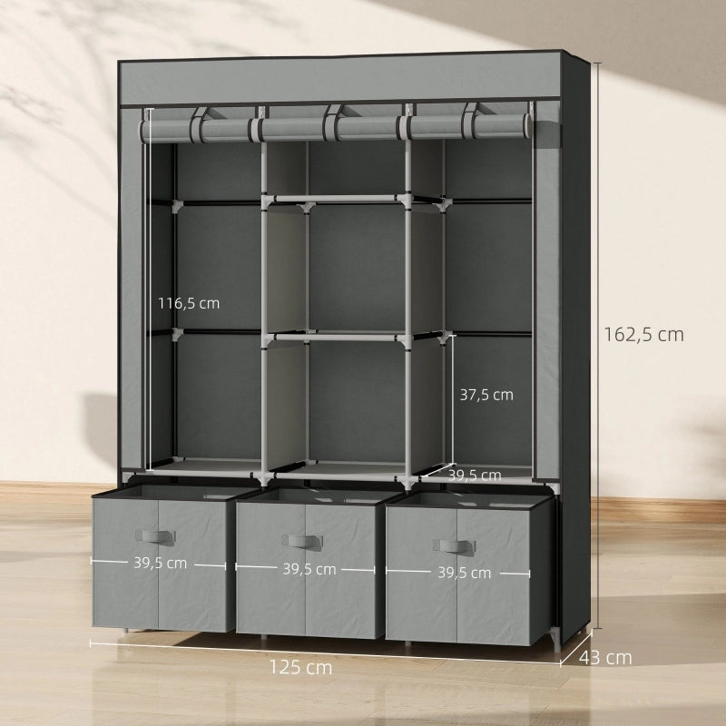 Armadio in tessuto con 2 barre appendiabiti, 5 ripiani e 3 cassetti, grigio chiaro, 125 × 43 × 162,5 cm