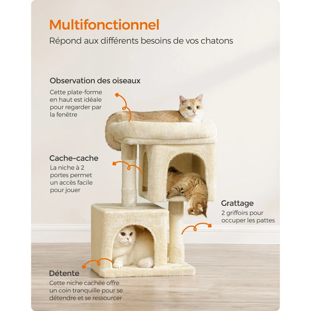 Tiragraffi per gatti torre da gioco 67 cm casetta per gattini fino a 3 kg grande piattaforma 2 nicchie tiragraffi grigio beige 12_0003898