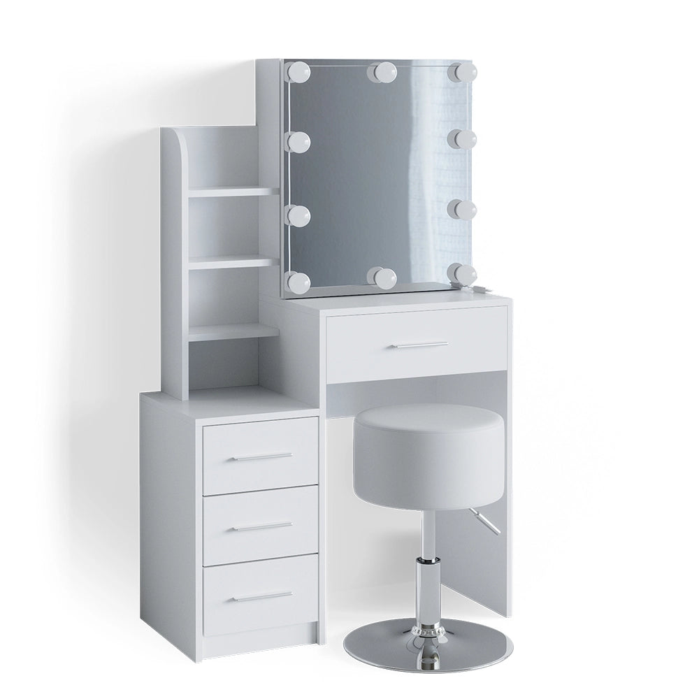 Tavolo da toeletta Conrada Bianco 80 cm con illuminazione LED e sgabello Vicco