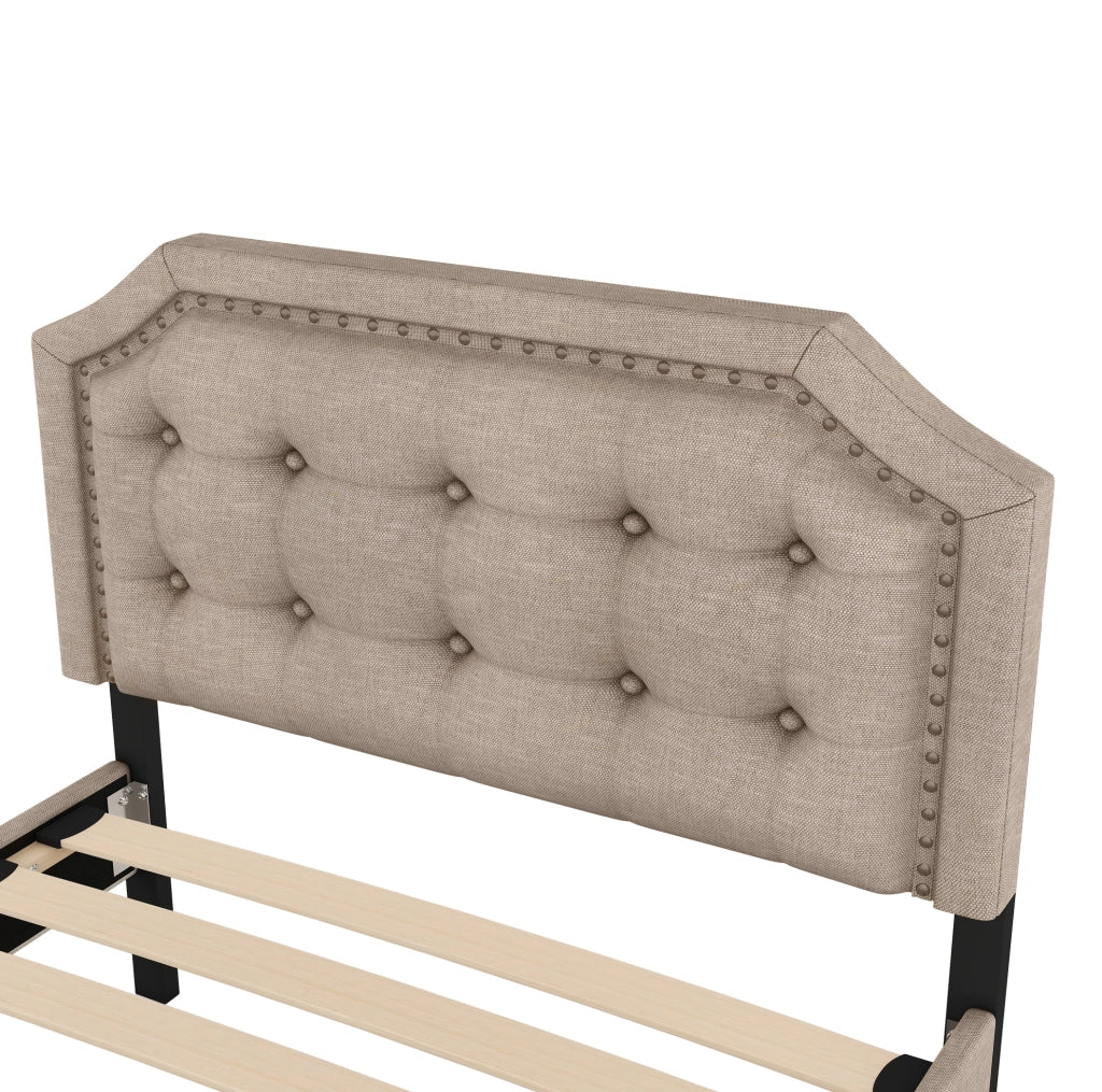Letto imbottito 90x200 cm con 2 cassetti; testiera regolabile; in MDF e tessuto lino beige scuro