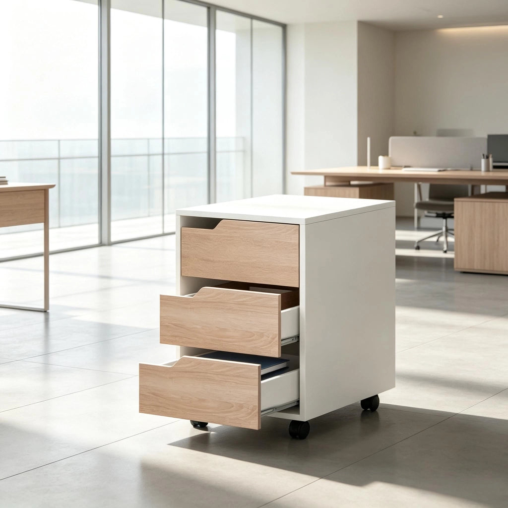 CASSETTIERA con ruote 40x50x57,5 cm in MDF bianco e rovere con 3 cassetti