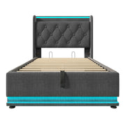 Letto contenitore singolo 90×200 cm con LED; USB e Type-C; testiera imbottita; materasso incluso; grigio