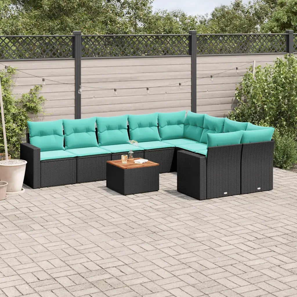 Set Divani da Giardino 10 pz con Cuscini Nero in Polyrattan