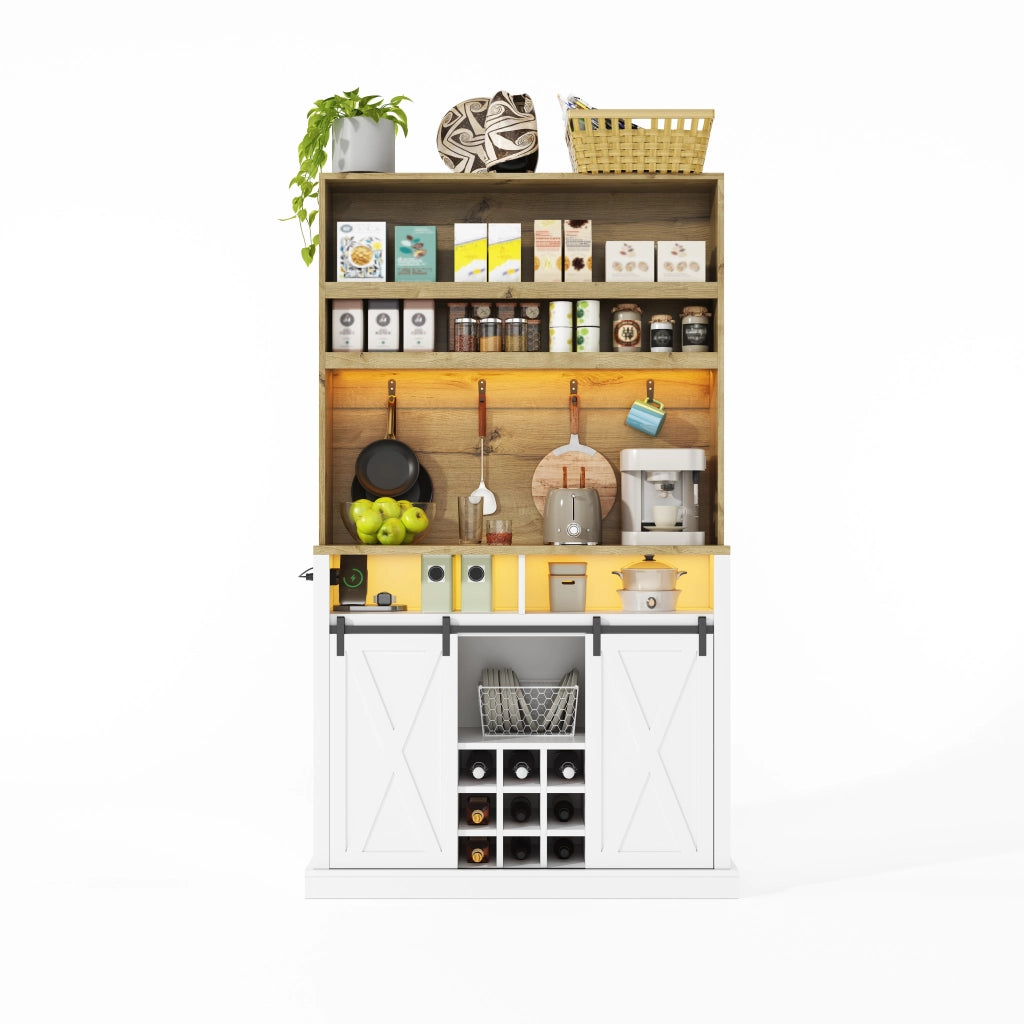 Credenza alta da cucina con LED e prese USB, per cucina e sala da pranzo, in MDF, bianco naturale, 110 × 40 × 191 cm