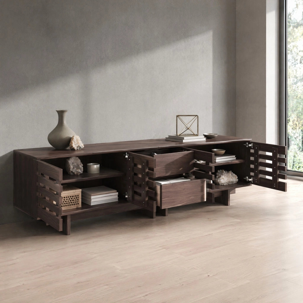 Mobile TV moderno 200 cm in legno noce con 4 ante e 2 cassetti