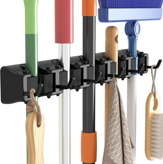 Organizzatore per Spazzole – 5 Fessure & 6 Ganci – Supporto Antiscivolo in Acciaio per Utensili di Pulizia – Organizzatore per Cucina, Armadio e Garage