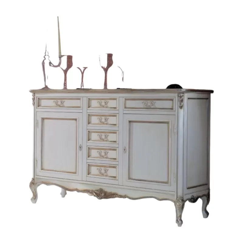 Credenza 2 porte 7 cassetti classica legno shabby bianco argento 190x62x107 - Mobili 2G