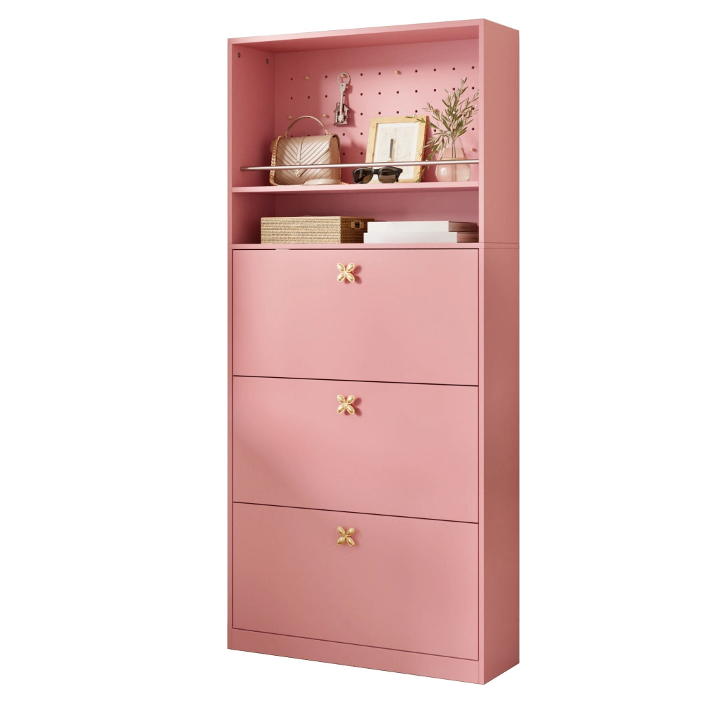 Scarpiera alta e stretta con 3 vani a ribalta, vano aperto superiore e cassetti, colore rosa, 80 ¡Á 24 ¡Á 178,5 cm