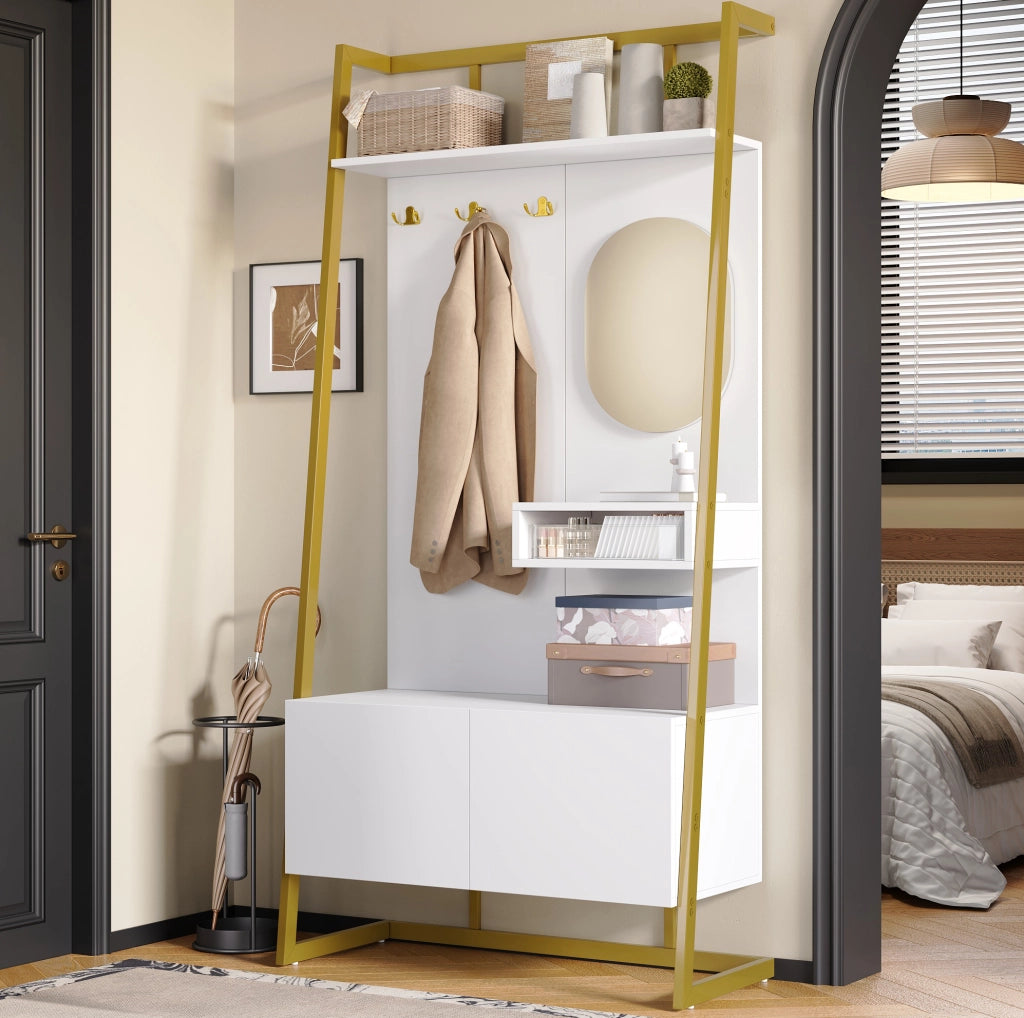 Mobile ingresso compatto con specchio; ganci e scarpiera; 78x38;5x180;5 cm; bianco in MDF