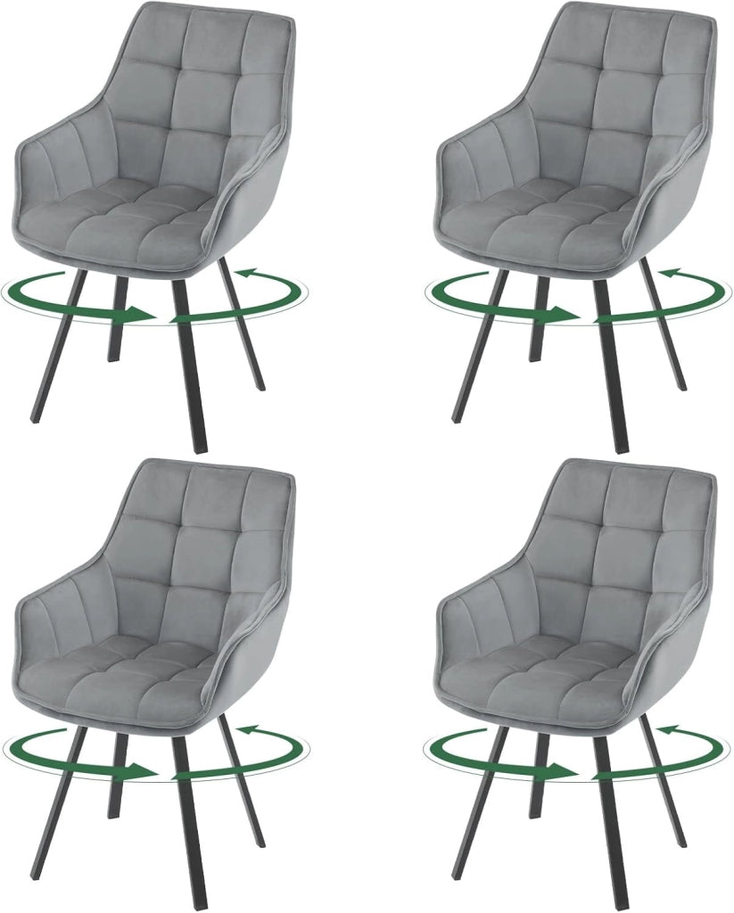 Set di 4 Sedie Sala da Pranzo, Sedie Cucina con Braccioli e Schienale, Poltroncine Girevoli con Gambe in Metallo, in Velluto, per Camera da Letto, Soggiorno, Grigio Scuro
