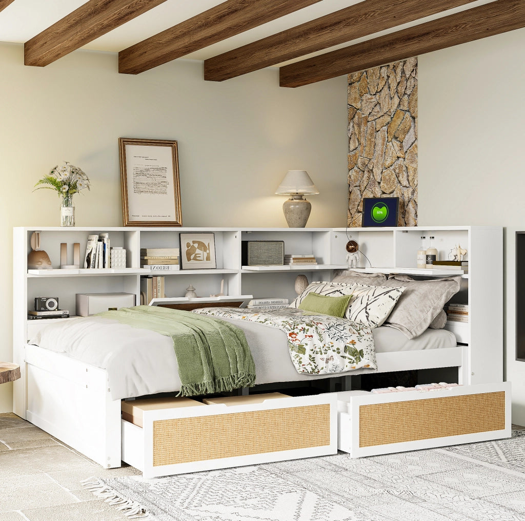 Divano letto multifunzionale 140x200 cm con USB; cassetti; bianco