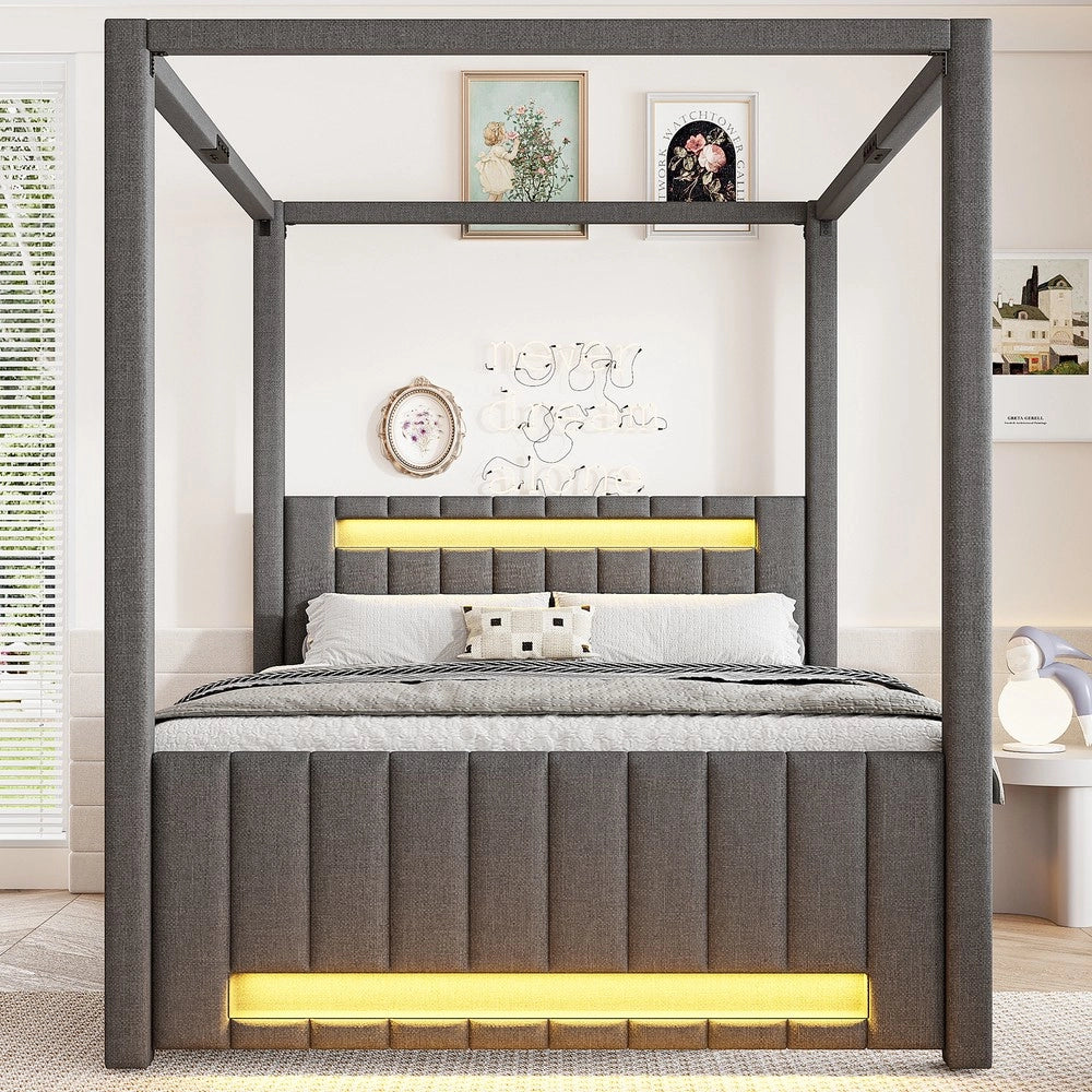 Letto Baldacchino Imbottito con Letto Estraibile, Cassetti e LED ¨C Xylo ¨C Grigio 140x200