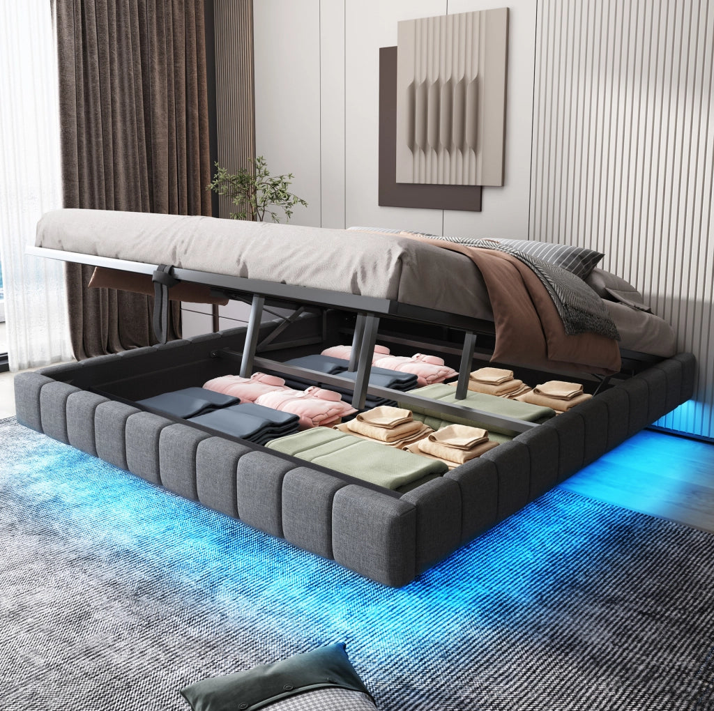 Letto imbottito sospeso 180x200 con LED e contenitore grigio