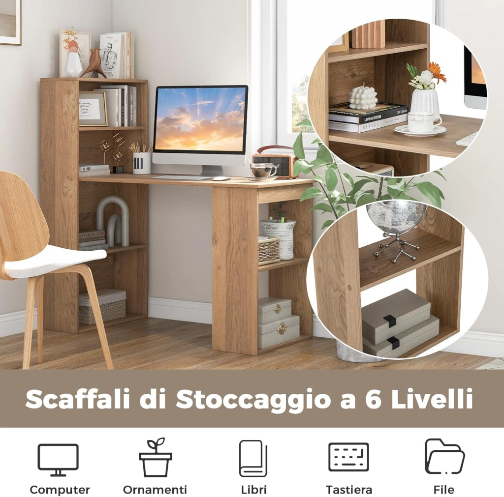 Scrivania per Computer con Libreria, Scrivania Moderna Porta PC con 6 Ripiani, Mobile Scrivania con Ripiani Regolabile Ampia Base per Casa, Ufficio (naturale)