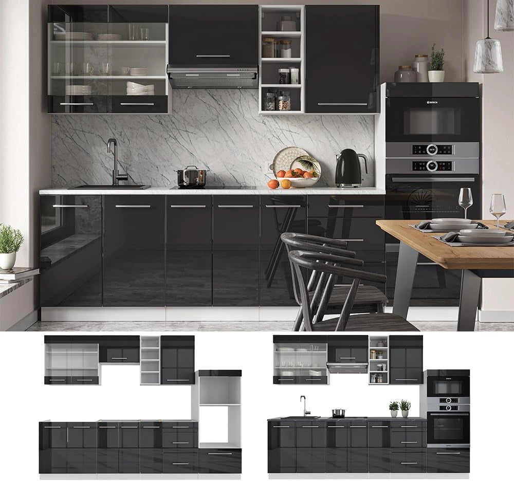 Cucina componibile Fame-Line, Antracite lucido/bianco, 280 cm senza piano di lavoro, per l'espansione personalizzata tramite moduli aggiuntivi compatibili