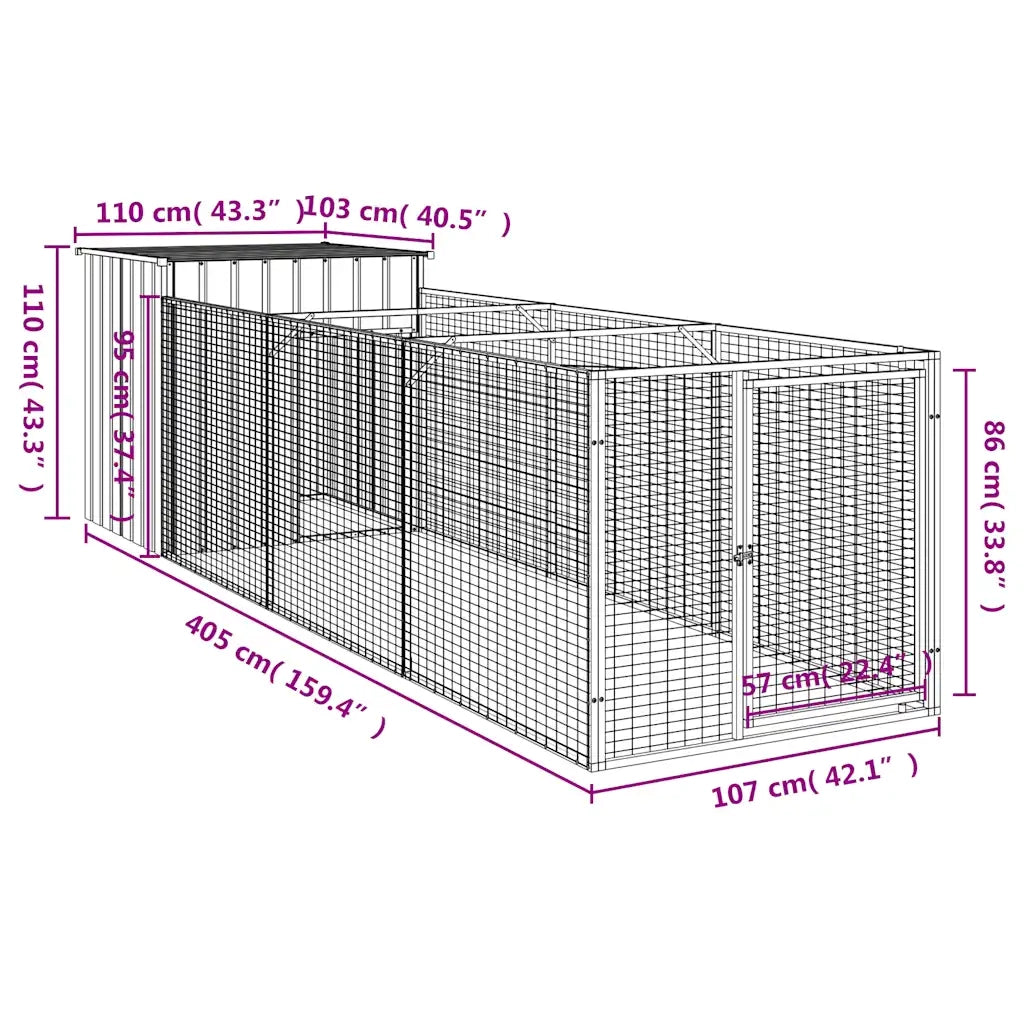 Casetta Cani con Corsa Antracite 110x405x110 cm Acciaio Zincato 3189079