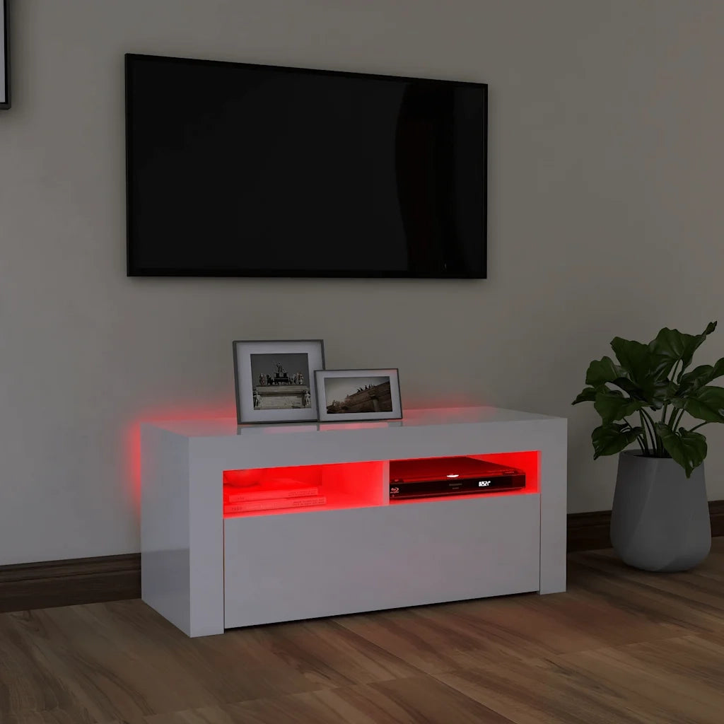 Mobile Porta TV con Luci LED Bianco Lucido 90x35x40 cm 804325