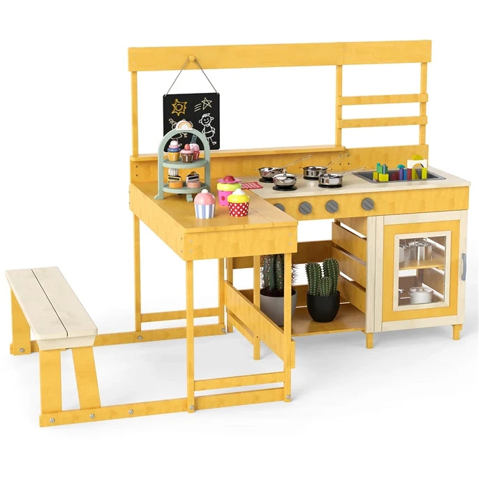Cucina in fango con tavolo da picnic per bambini 150 x 71 x 98 cm con lavello giocoso design moderno in legno naturale 20_0017259