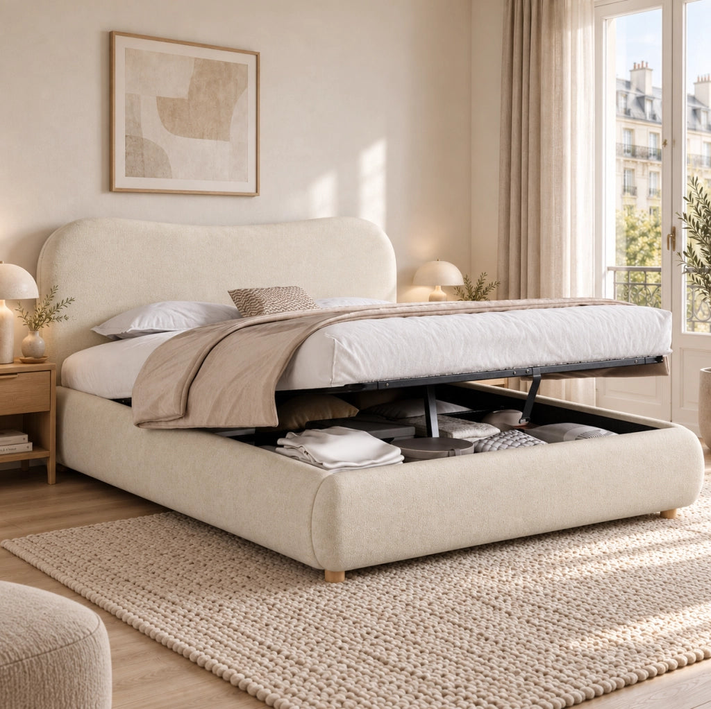 Letto 160x200 cm con contenitore idraulico e rete a doghe in ciniglia beige