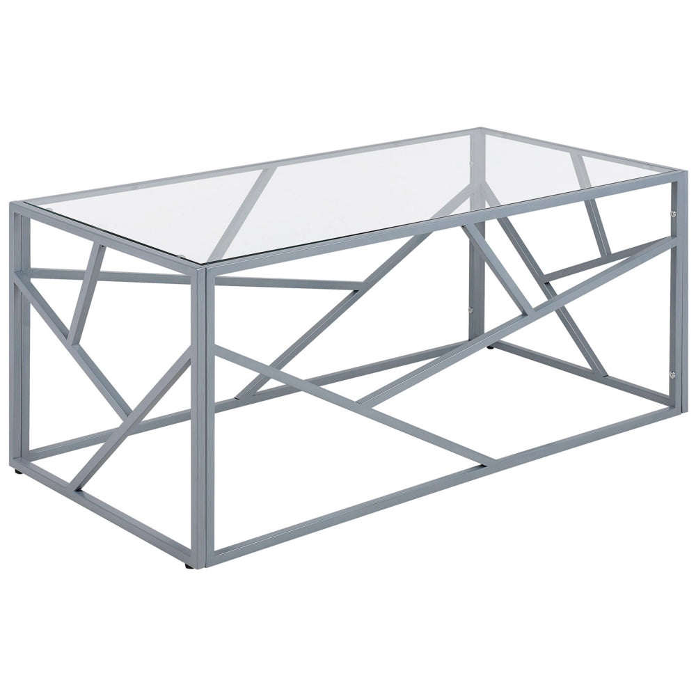Tavolino da caffè con struttura in metallo argento piano in vetro design geometrico glam