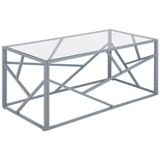 Tavolino da caffè con struttura in metallo argento piano in vetro design geometrico glam