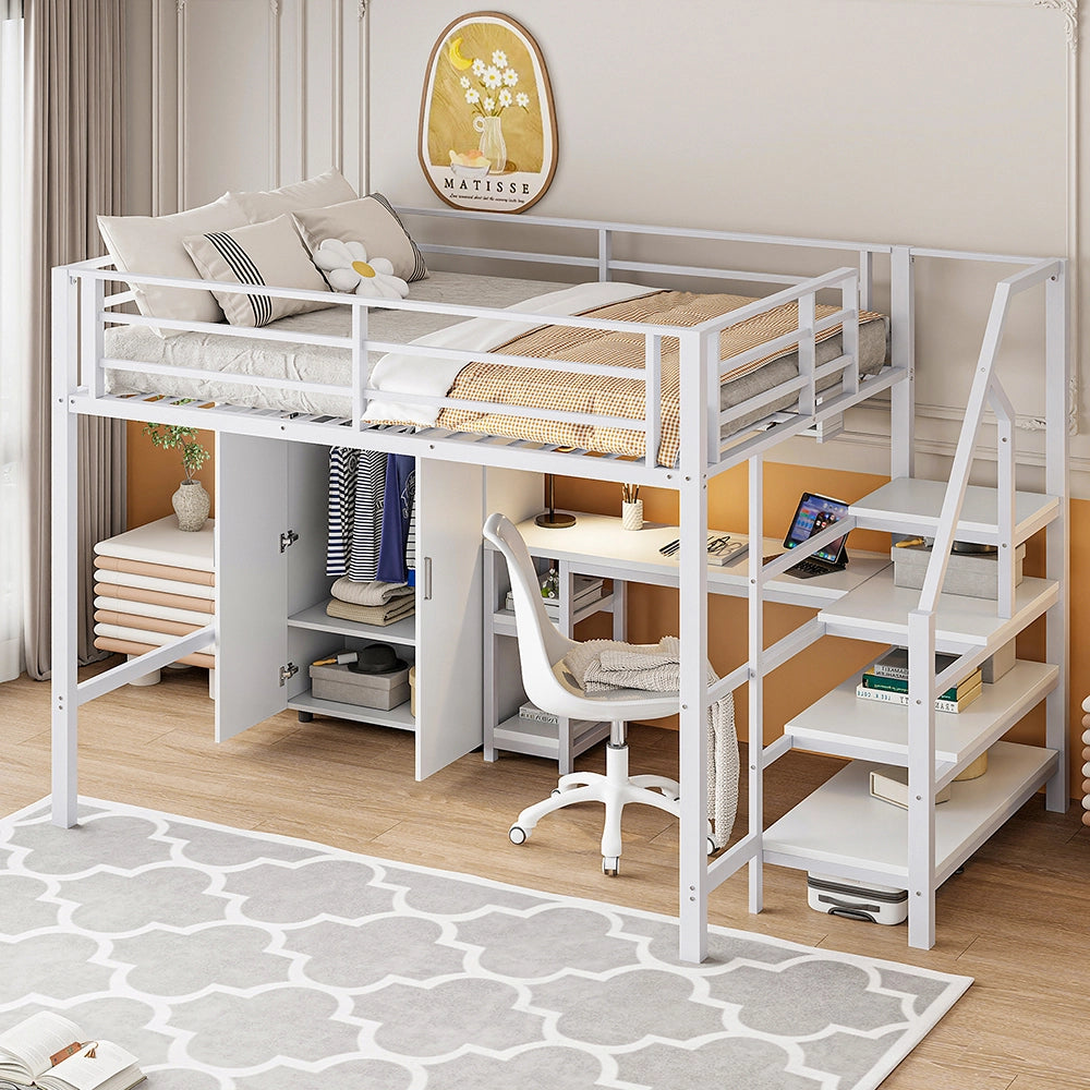 Letto mezzanino 140x200cm - Xylo - bianco, armadio, scrivania minimalista