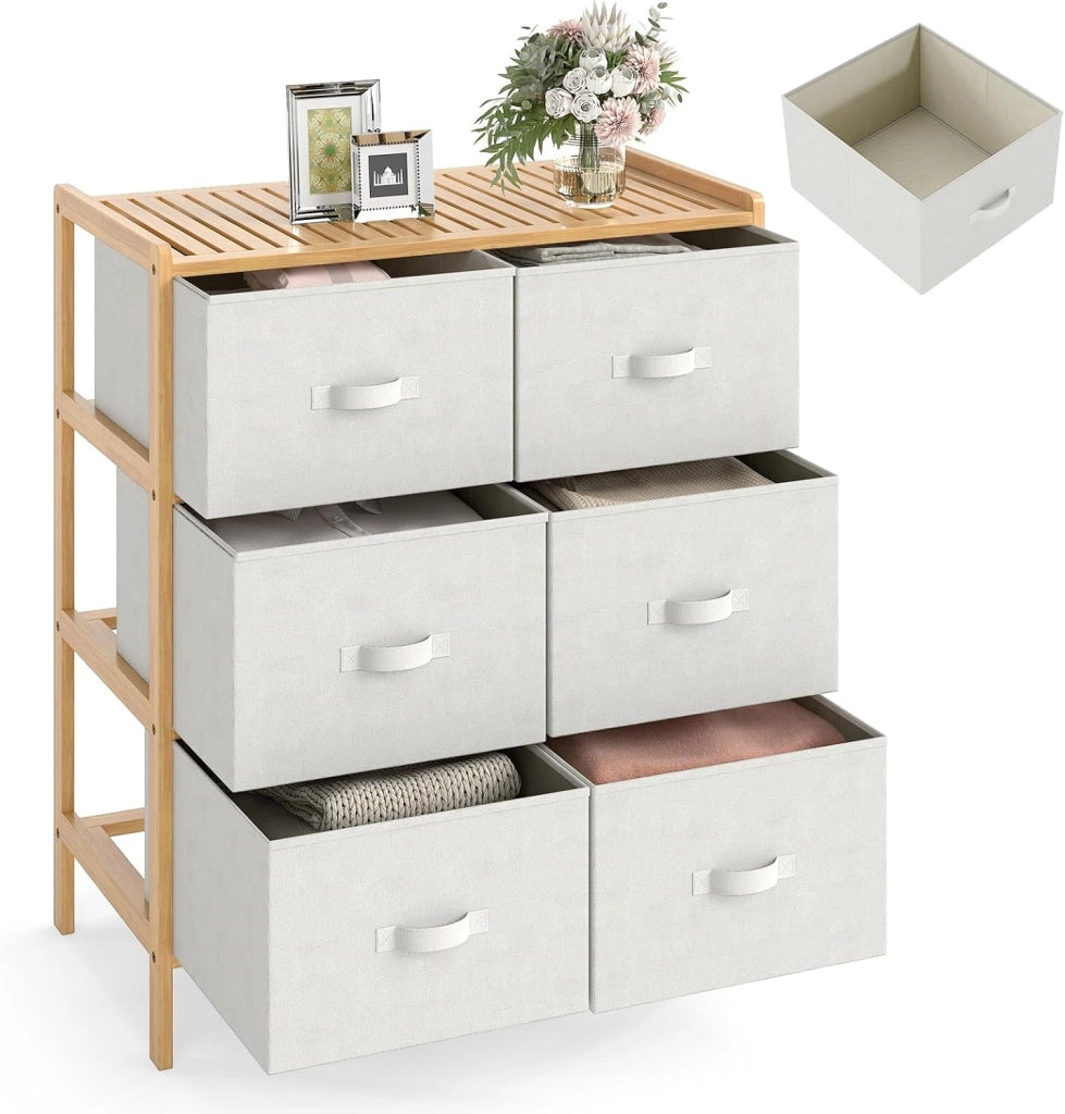 Cassettiera con 6 cassetti pieghevoli in tessuto, cassettiera in bambù a 3 livelli, mobile organizer con dispositivo antiribaltamento, armadio di stoccaggio per camera da letto, soggiorno