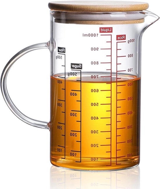 Bicchiere di Misura in Vetro - 1000 ml Bicchiere di Precisione in Borosilicato - Bicchiere di Misura Termoresistente - Contenitore in Vetro con Copertura in Bambù - Set di Misurini per Zucchero, Farina e Riso - Ideale per la Cucina