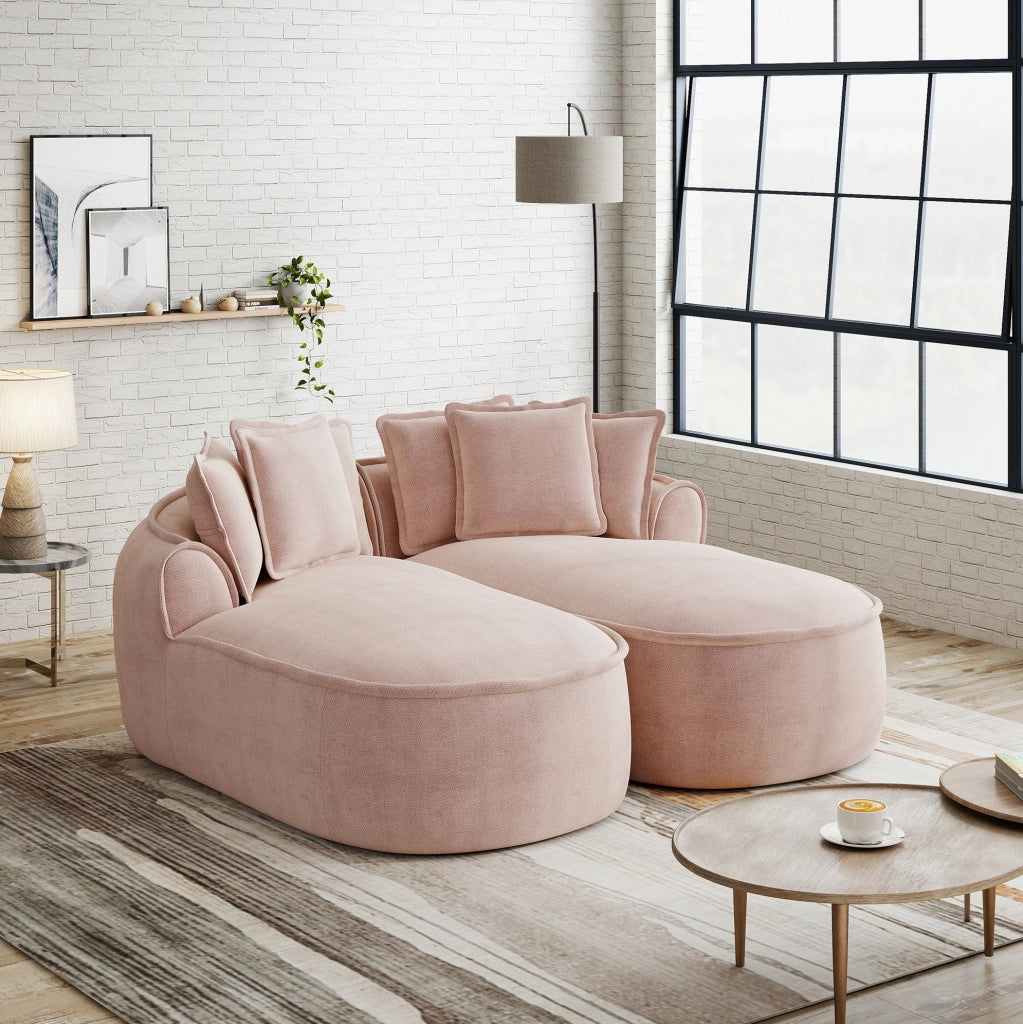 Divano modulare senza struttura in chenille rosa; chaise longue profonda 122 cm