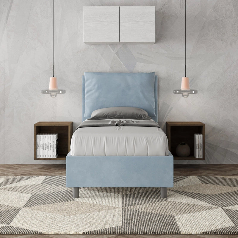 Letto imbottito Singolo 80x210 cm Antea - Con rete,Microfibra,Azzurro