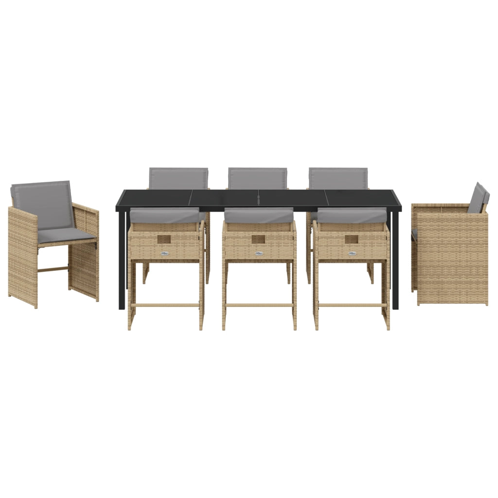 Set da Pranzo da Giardino 9 Pezzi con Cuscini Polyrattan Beige