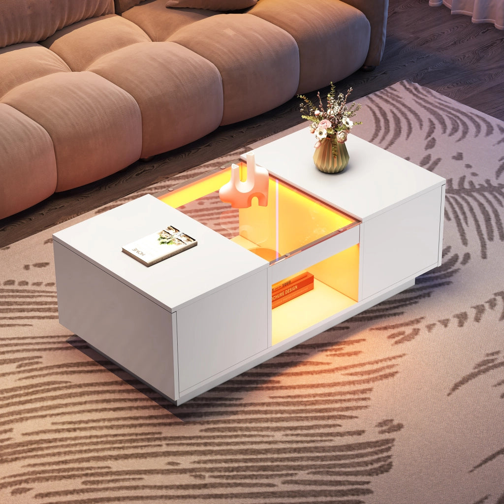 Tavolino da salotto con LED - Zephmum- 100x50x35,5cm- Bianco- App controllo 2 cassetti