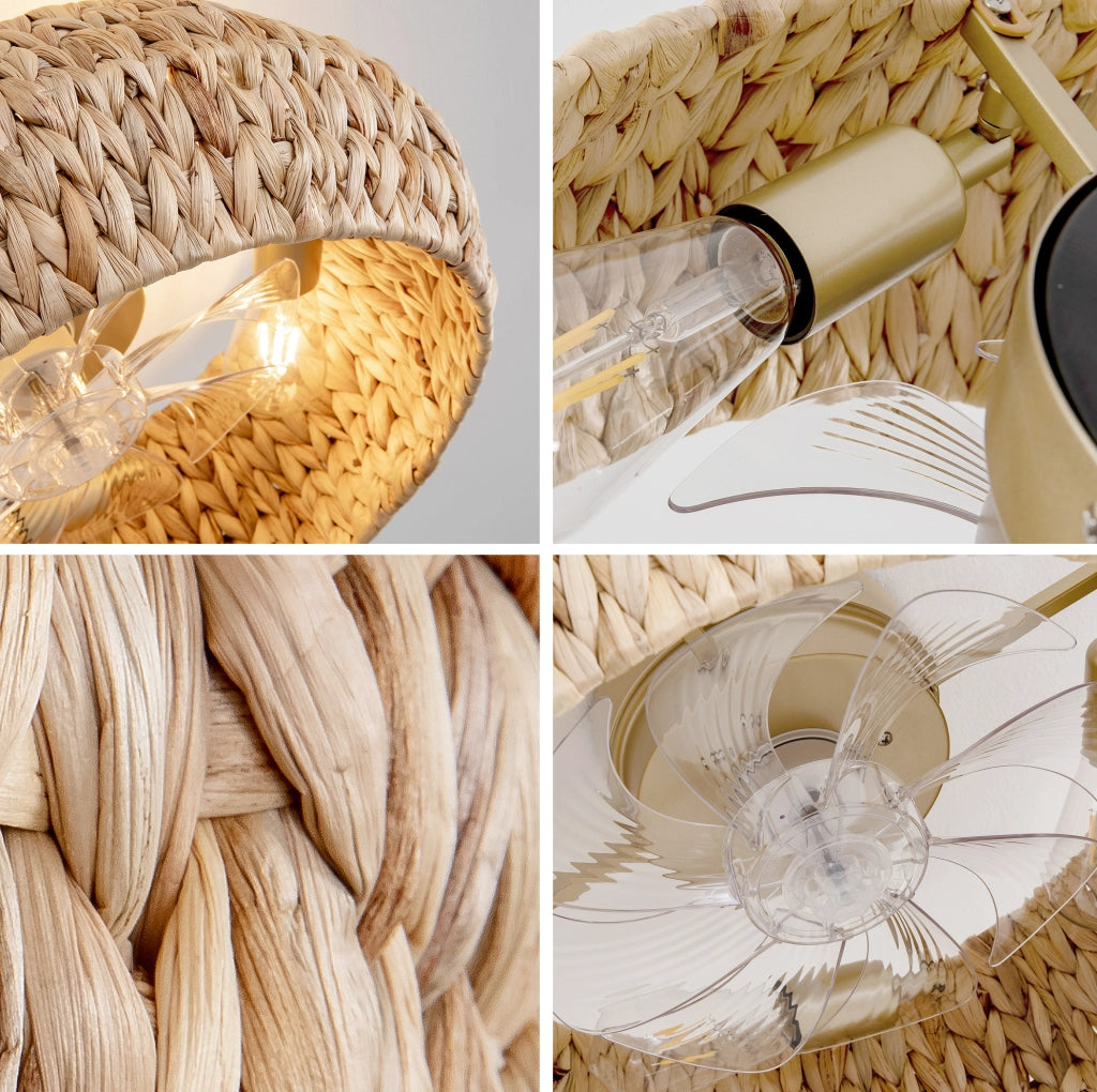 Plafoniera ventilatore da soffitto 19 pollici in rattan con controllo Bluetooth e telecomando; rame