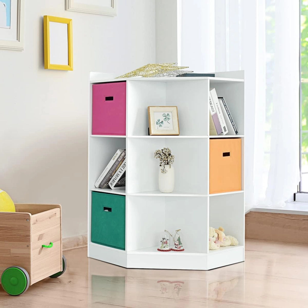 Scaffale Angolare, Scaffale ad Angolo con Tre Cestini Colorati e 9 Ripiani, per Casa, Soggiorno e Camera da Letto, 81x 61 x 94cm (Bianco)