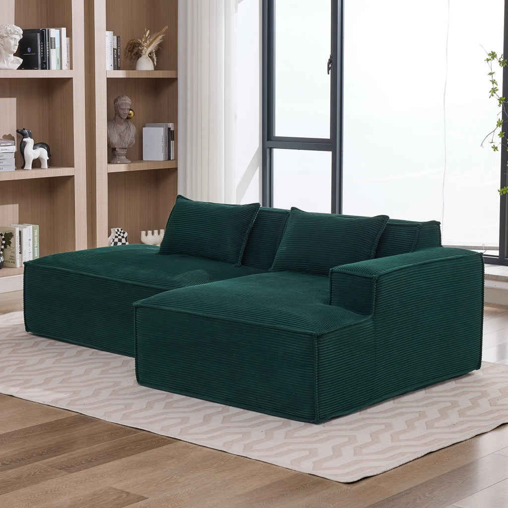Divano lineare con cuscini e seduta elastica - in poliestere - verde retrò