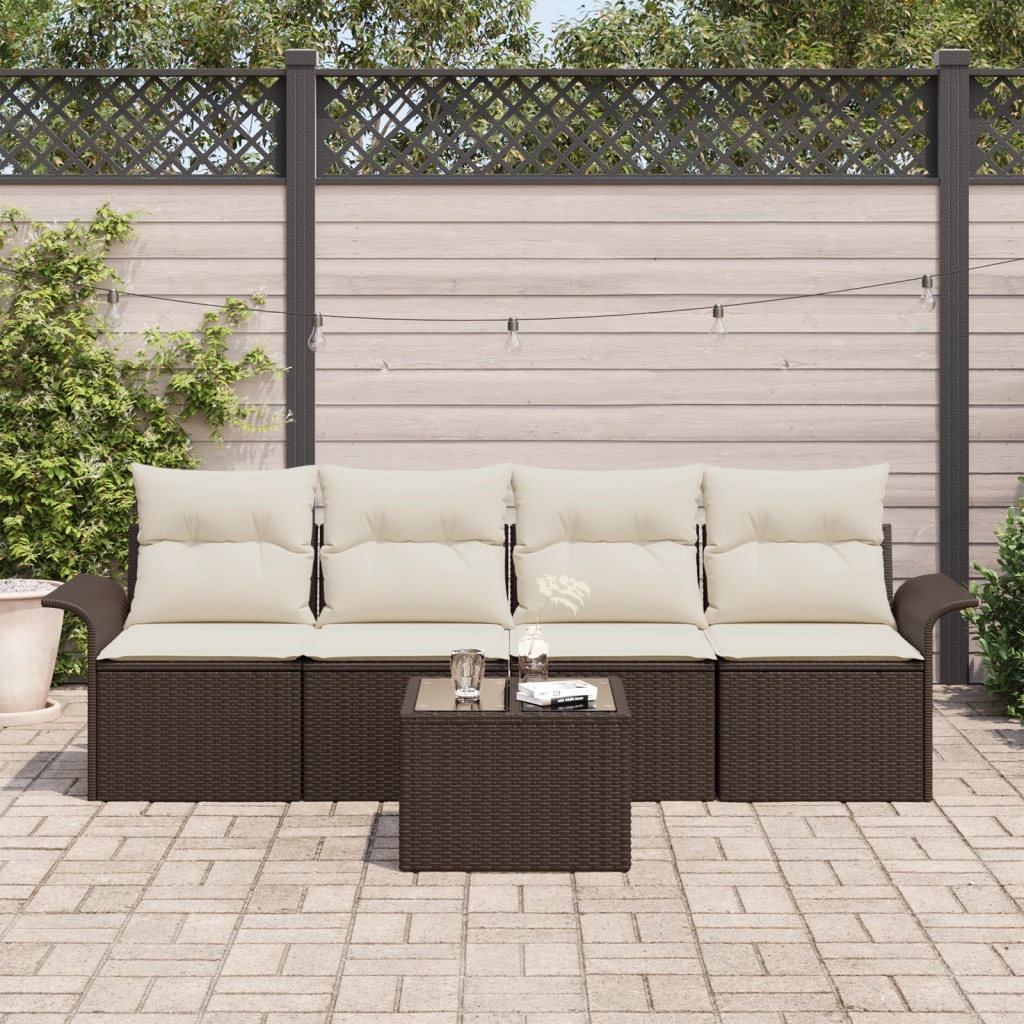 Set di Divani da Giardino 5 Pezzi con Cuscini Marrone Rattan Polimerico