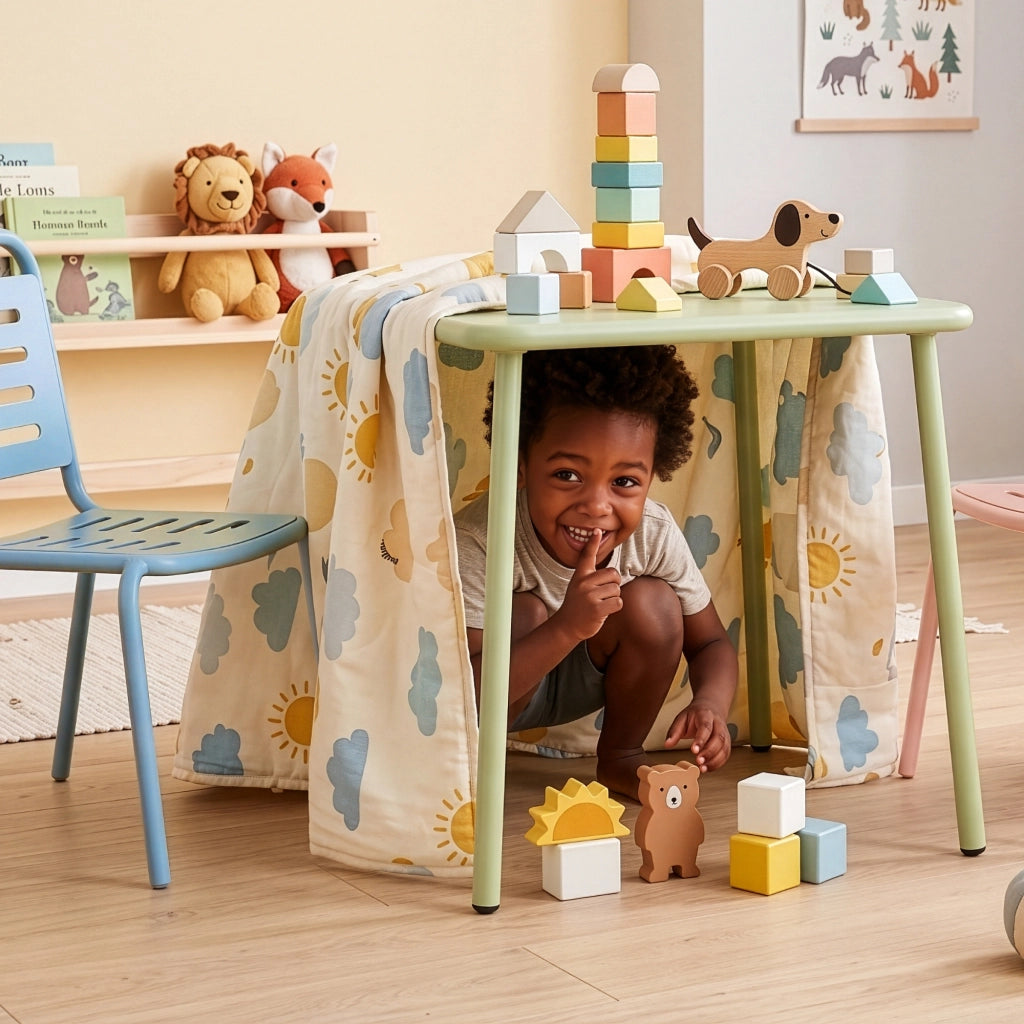 Set di 3 Mobili Etroubles per Bambini Tavolino e 2 Sedie per Esterno e Interno - Verde Salvia/Celeste/Pesca casa.pro