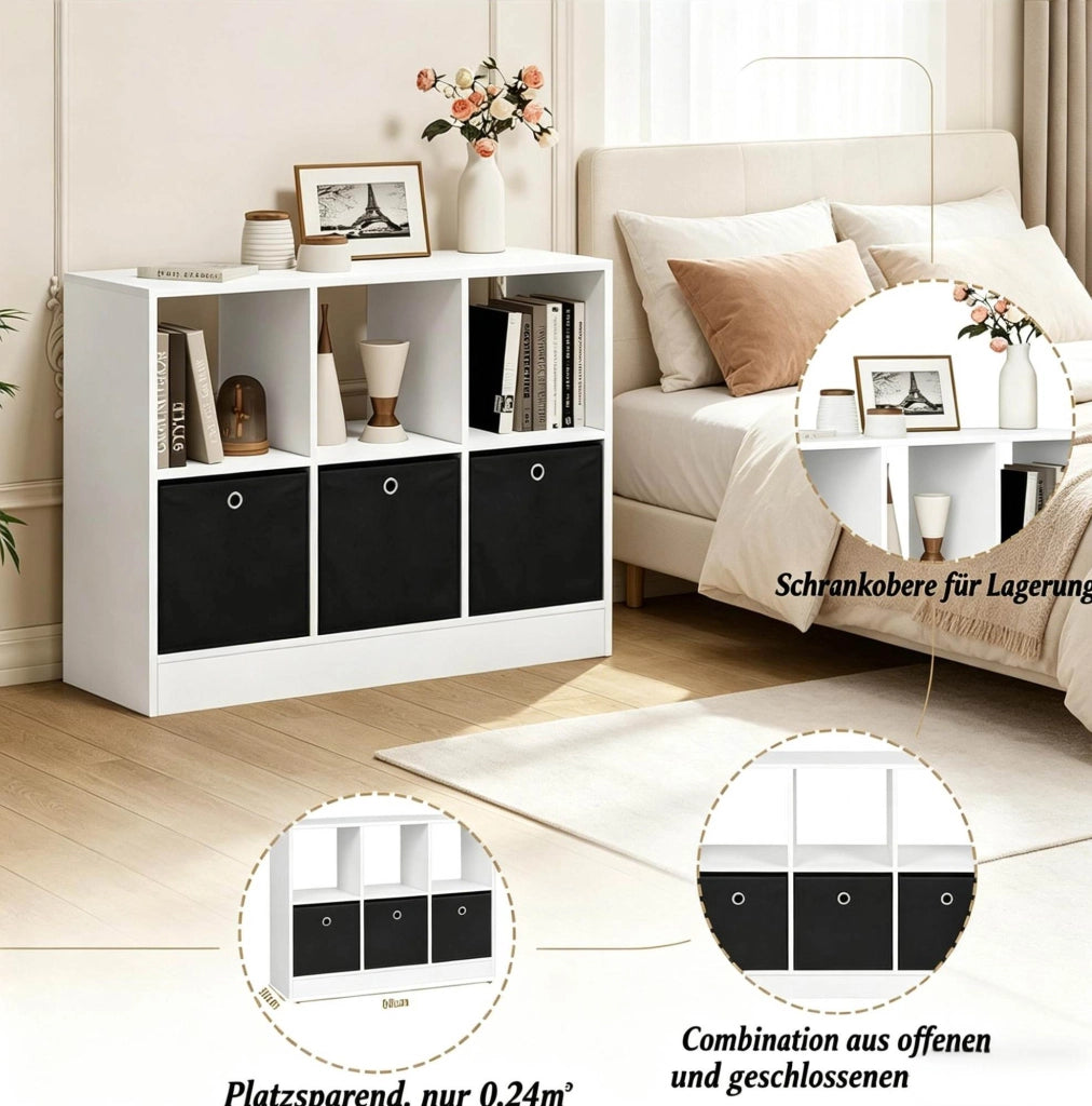 Libreria a cubi con 3 cassetti in tessuto, bianco e nero