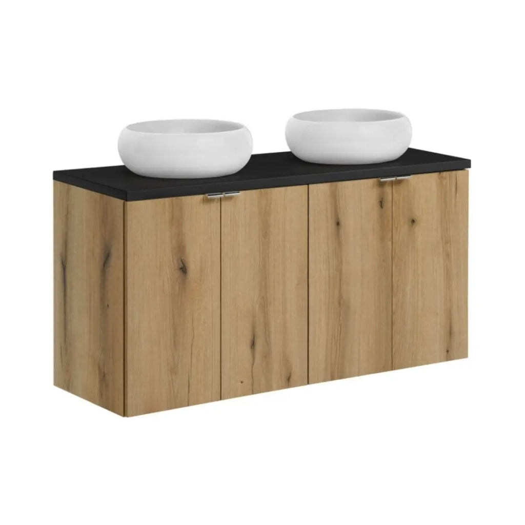 Set VANO in finitura rovere e nero 120cm: mobile sotto lavabo con ante + top per lavabo + lavabi da appoggio rotondi bianchi