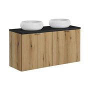 Set VANO in finitura rovere e nero 120cm: mobile sotto lavabo con ante + top per lavabo + lavabi da appoggio rotondi bianchi