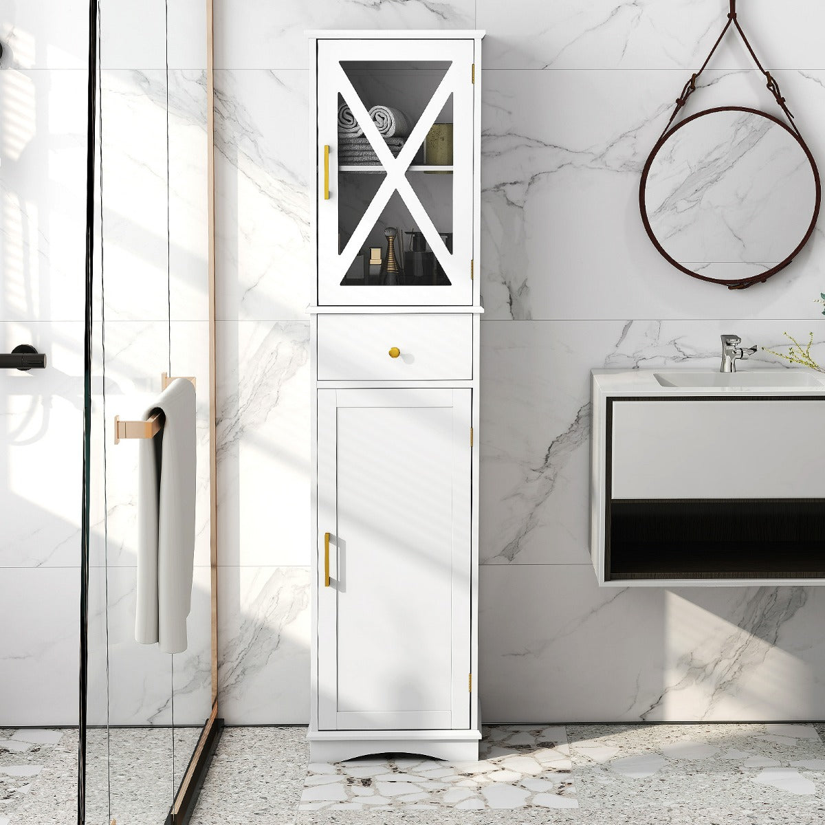 Armadio da bagno alto con cassetto per soggiorno e ufficio, Armadietto stretto in legno per cucina Bianco-Armadietti da bagno