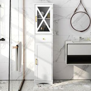 Armadio da bagno alto con cassetto per soggiorno e ufficio, Armadietto stretto in legno per cucina Bianco-Armadietti da bagno