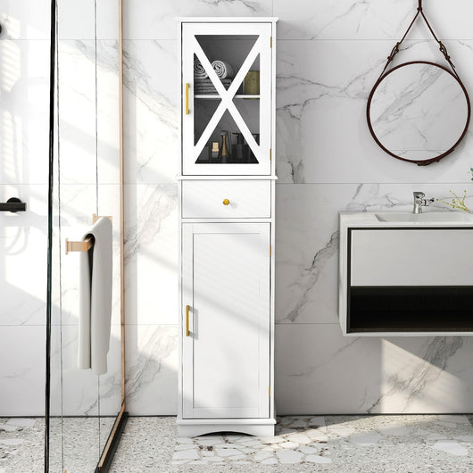 Armadio da bagno alto con cassetto per soggiorno e ufficio, Armadietto stretto in legno per cucina Bianco-Armadietti da bagno