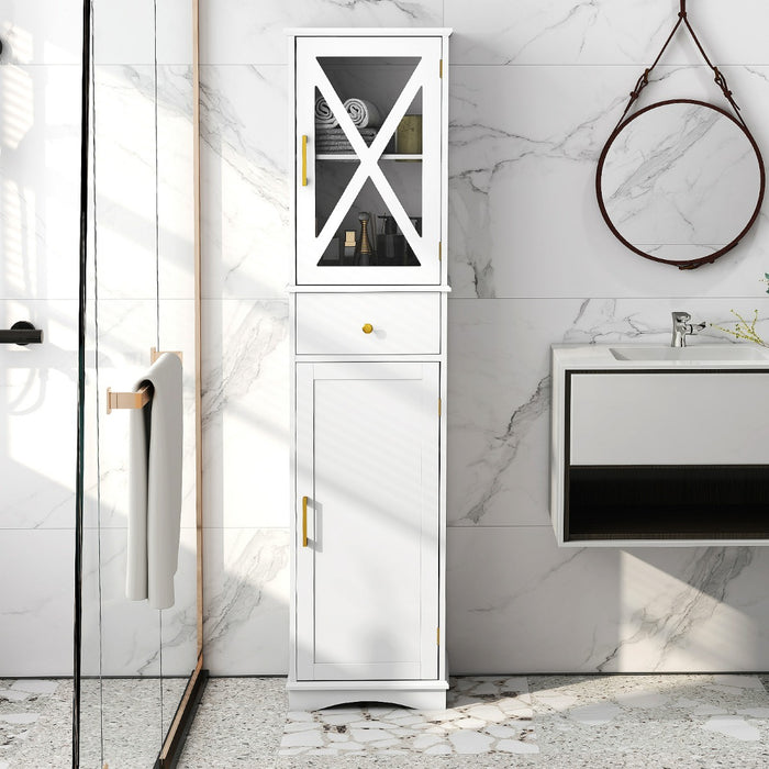 Armadio da bagno alto con cassetto per soggiorno e ufficio, Armadietto stretto in legno per cucina Bianco-Armadietti da bagno