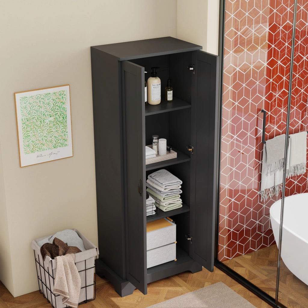 Armadietto da bagno con 2 ante, 4 ripiani regolabili e chiusura soft-close, per bagno, nero, 56 × 40 × 170 cm