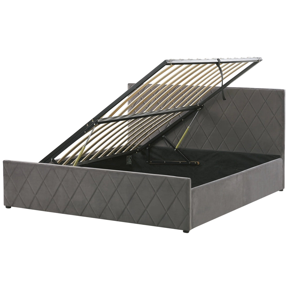 Letto contenitore Rivestimento in velluto grigio 180 x 200 cm con testiera trapuntata a rombi con base a doghe