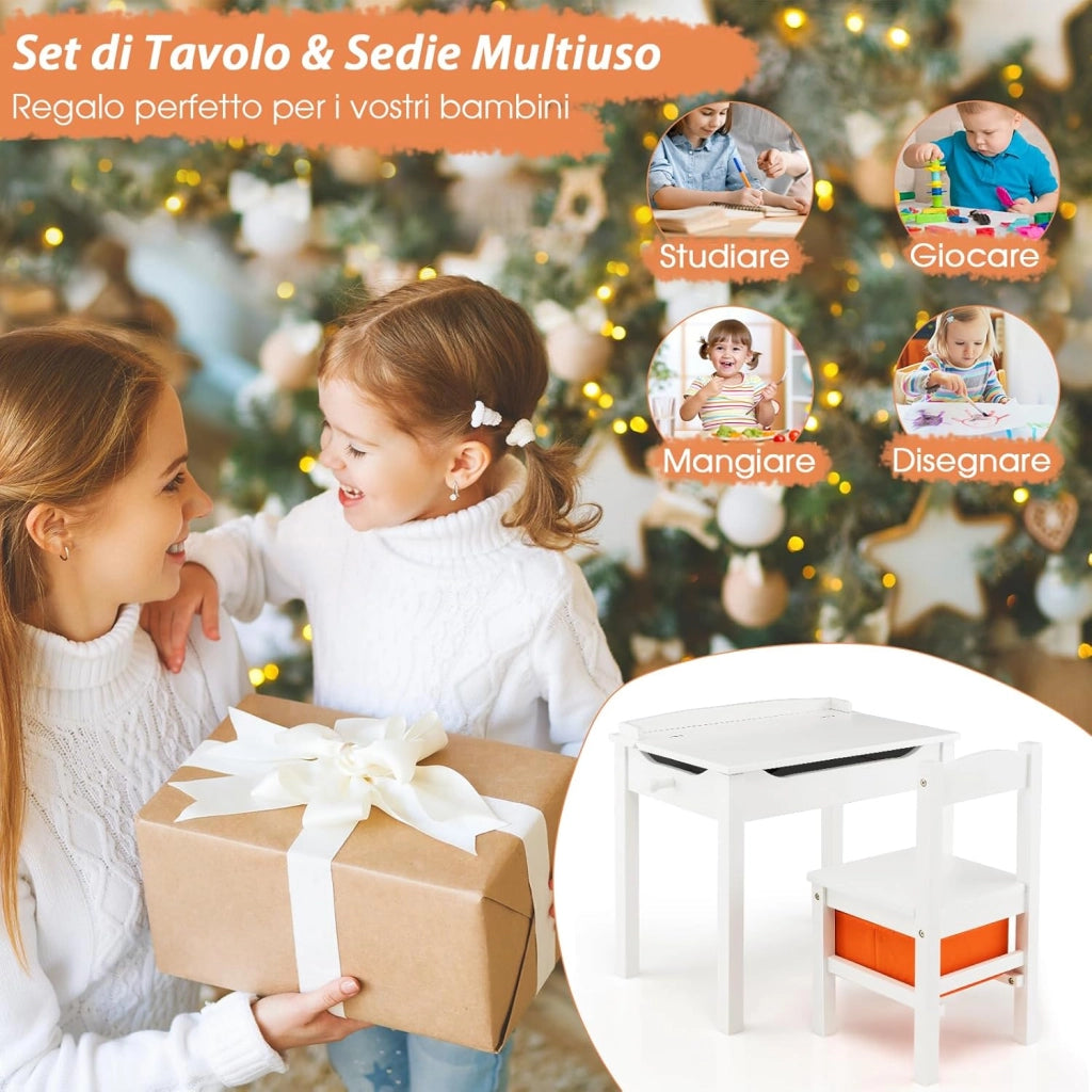 Set Tavolo e Sedia per Bambini, Scrivania Ribaltabile con Sedia per Bambini in Legno, con Cassetto e Gancio Estraibile (Bianco)