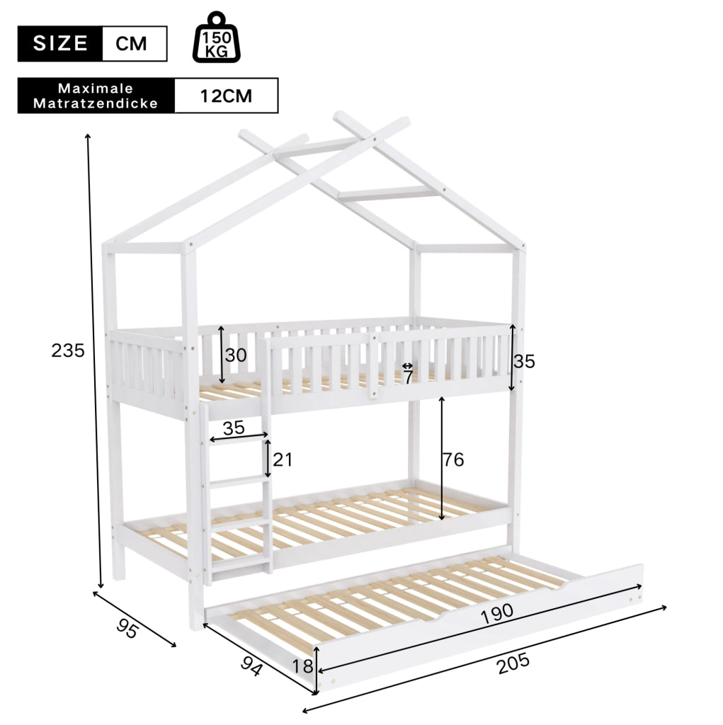 Letto a castello con letto estraibile 90x200 cm in legno massello di pino; bianco